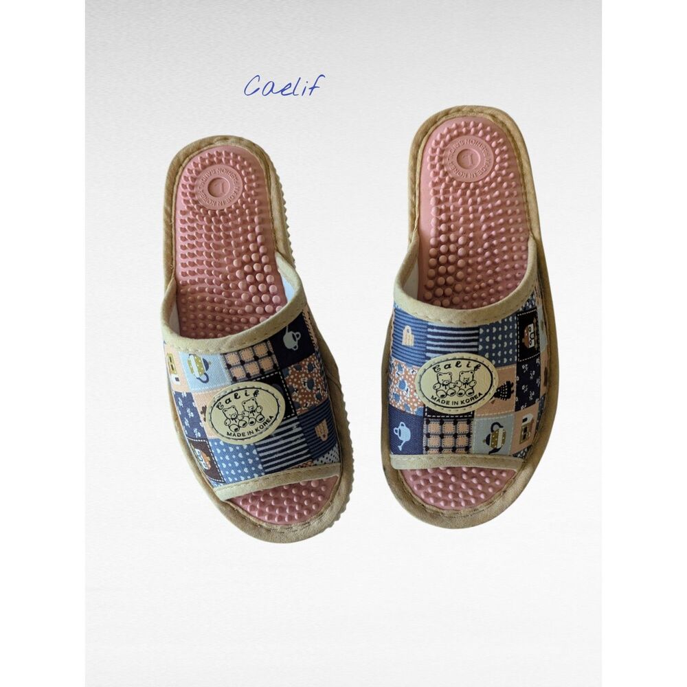 Caelif Korean Massage Slide Nubby Footbed Patchwork Teddy Print